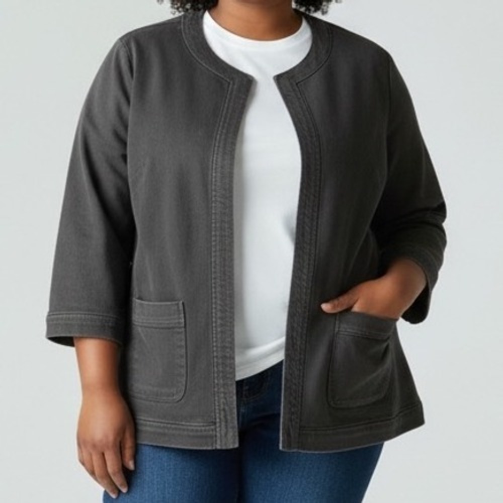 Kasper Jacket 2x Black Jean Denim Collarless Open Front Women Plus destressed